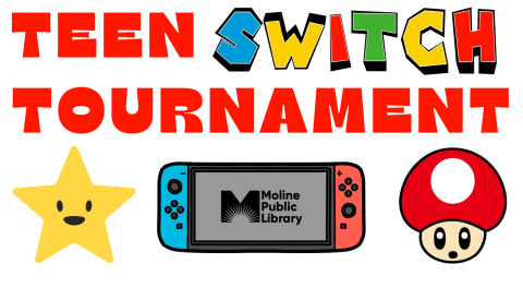 Red, blue, green, yellow and red font reading Teen Switch Tournament with a gold star, Switch, and mushroom