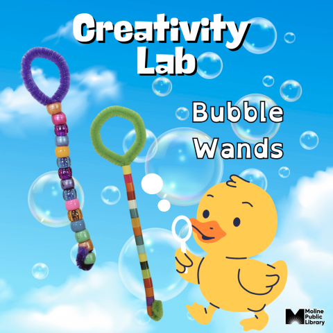 Two bubble wands made of pipe cleaner and a small duckling holding a bubble wand.