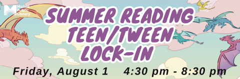 colorful sky with orange, blue and purple dragons and purple text reading summer reading teen/tween lock-in