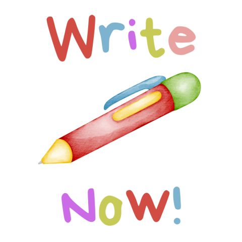 The words Write Now and drawing of a pen