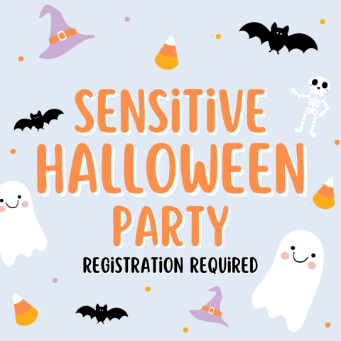 Sensitive Halloween Party Registration Required surrounded by bats, witch hats, ghosts, and candy corn