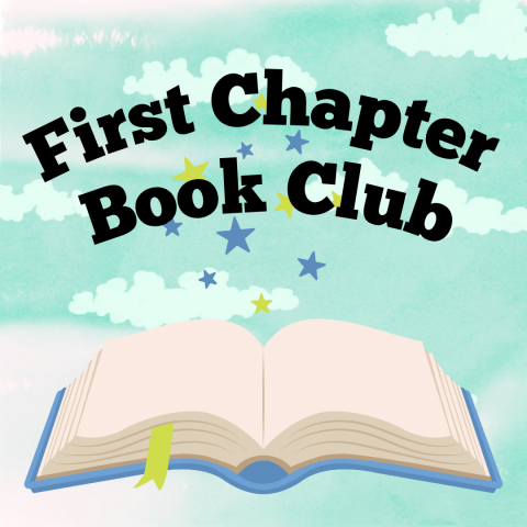 An open book with stars coming out of it. Text reads Frist Chapter Book Club