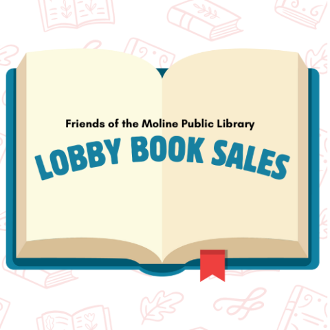 Open book. Friends of the Moline Public Library Lobby Book Sales.