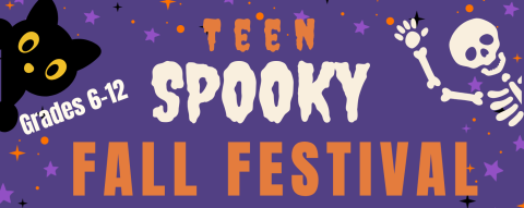 black cat with yellow eyes, waving skeleton, and text reading teen spooky fall festival against a purple background