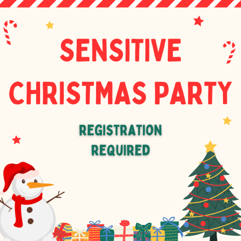 Sensitive Christmas Party Registration Required above a snowman, Christmas tree, and presents