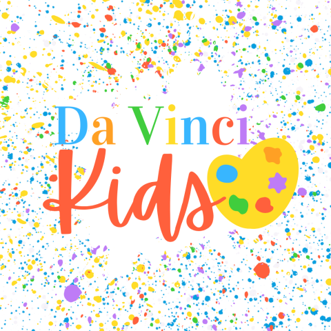 words Da Vinci Kids with a paint palette shaped like a heart