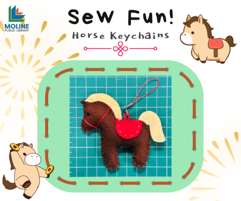 Image of a stuffed felt horse keychain on a green background. Two cartoon horses stand on either side of the green background, one on its hind legs holding two gold coins. Text reads: Sew Fun! Horse Keychains