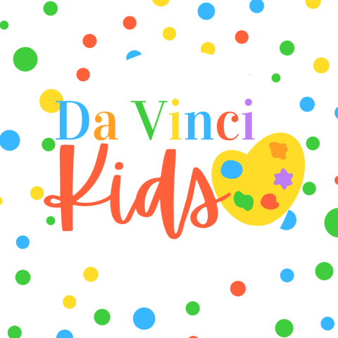 words Da Vinci Kids with a paint palette shaped like a heart