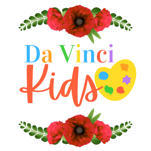 words Da Vinci Kids with a paint palette shaped like a heart