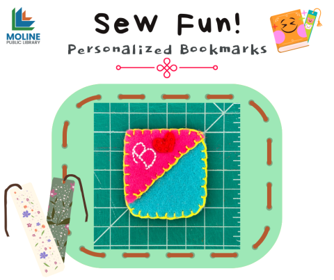 image of a felted corner bookmark with an embroidered letter "B" and a felt heart stitched onto the front. Text reads: Sew fun! Personalized Bookmarks