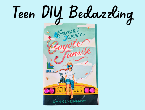 blue background with book cover and multicolor gemstones. Text reading Teen DIY Bedazzling