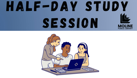 Students studying together with text reading half-day study session and a blue faded background