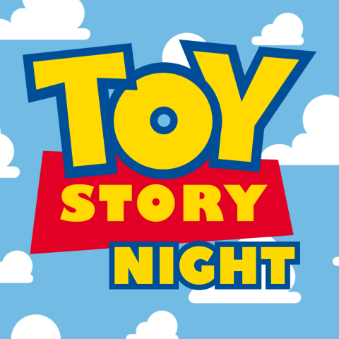 Toy Story Night with white clouds on blue background