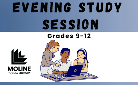 group of teens around a laptop with the library logo and text reading evening study session