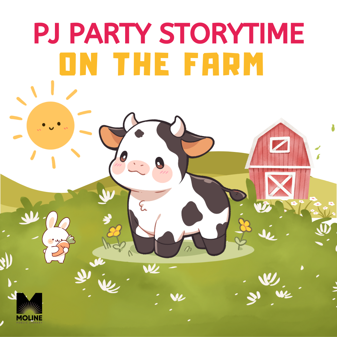 A cow and rabbit in a green field with a barn in the background. Text says PJ Party Storytime On The Farm