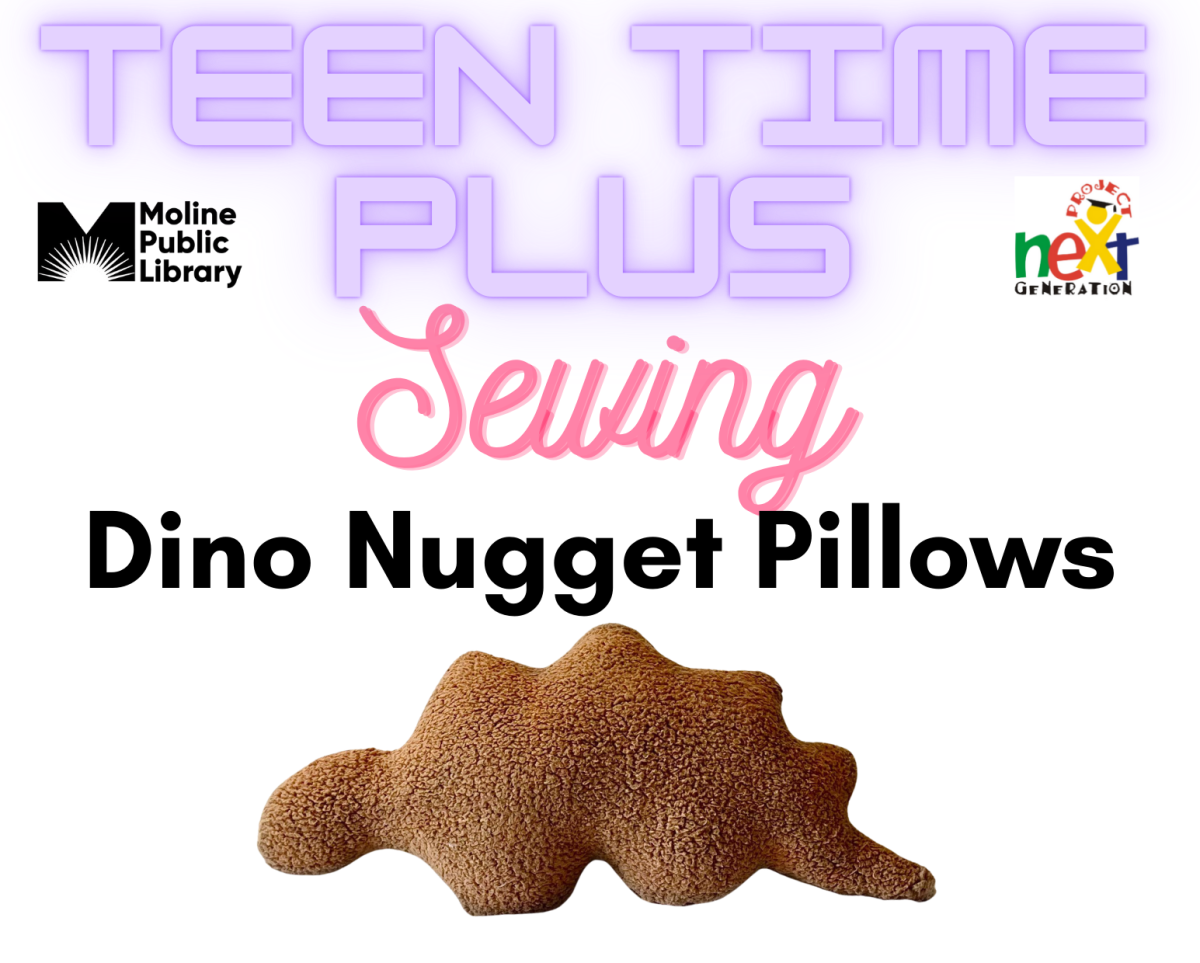 purple and pink lettering with program title and a tan fuzzy stegosaurus pillow