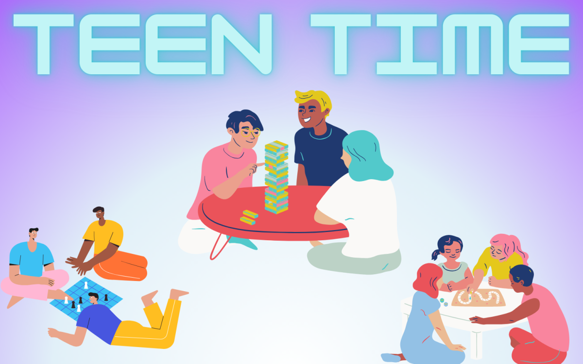 Purple background with teens playing various games and text reading Teen Time