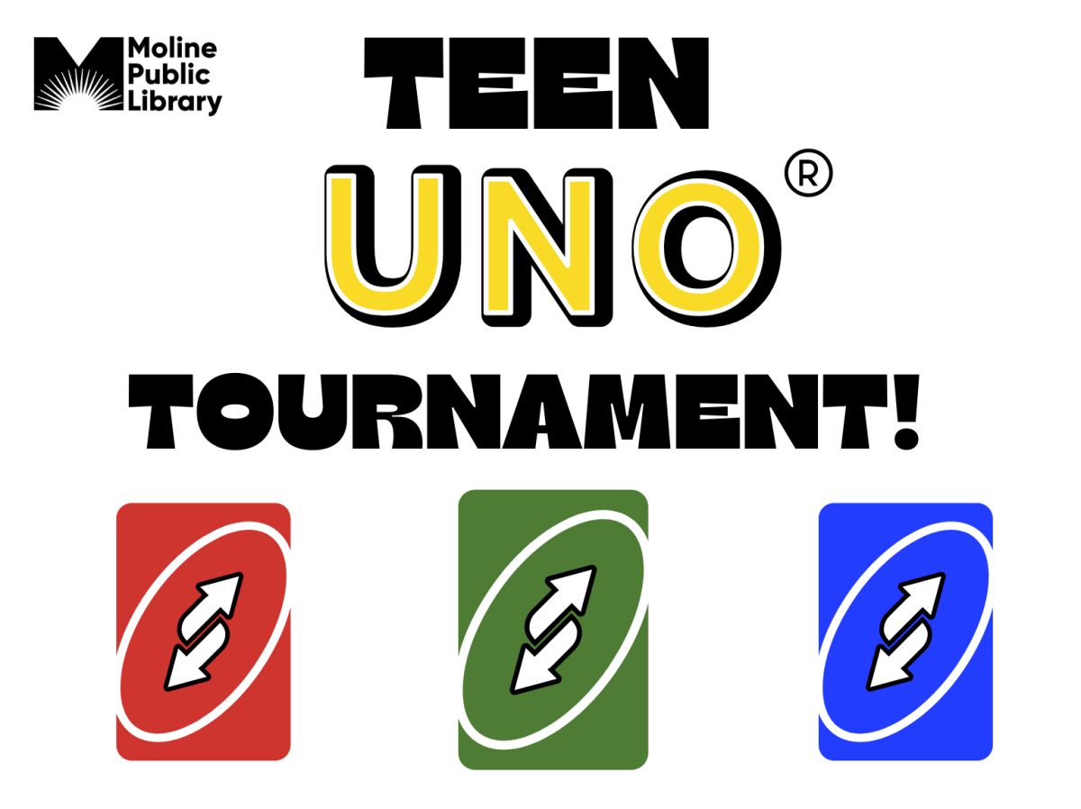 Red, green and blue cards with yellow lettering spelling UNO and black lettering spelling teen and tournament