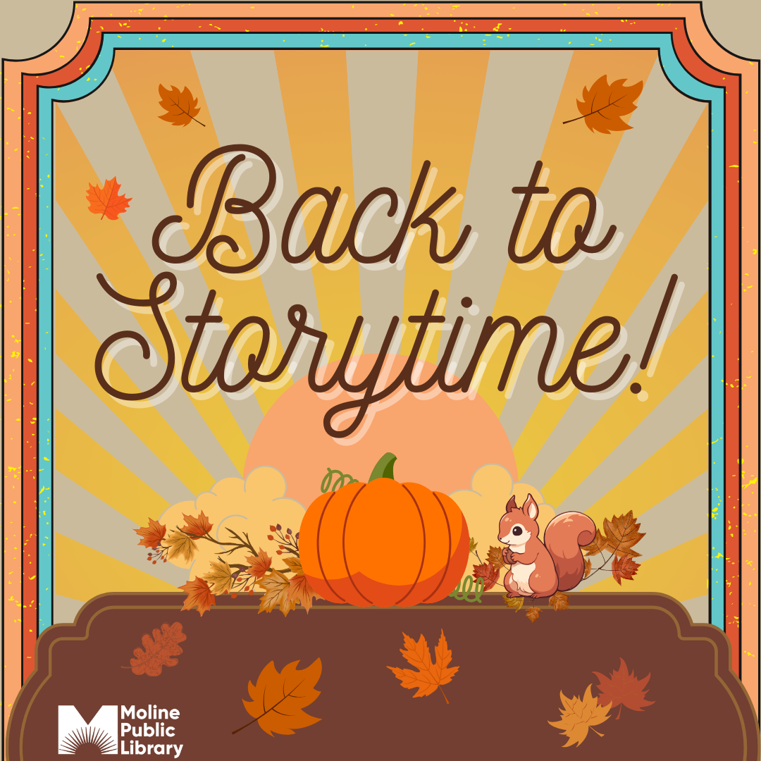 Back to Storytime! printed over a fall scene with a squirrel, leaves, and a pumpkin