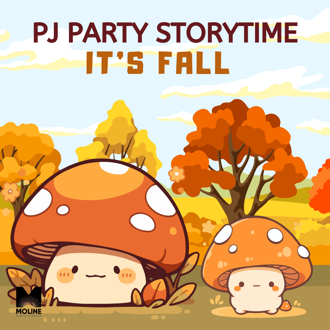 A scene with fall trees and two orange mushrooms with cute faces.