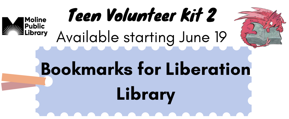 Purple bookmark with text reading bookmarks for Liberation Library