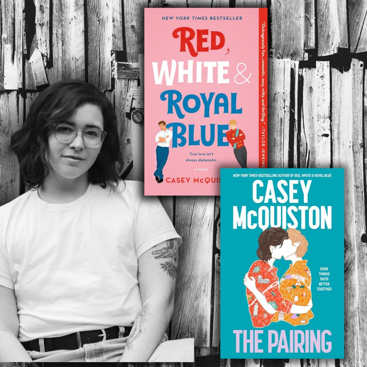 Photo of Casey McQuiston and covers of two books.