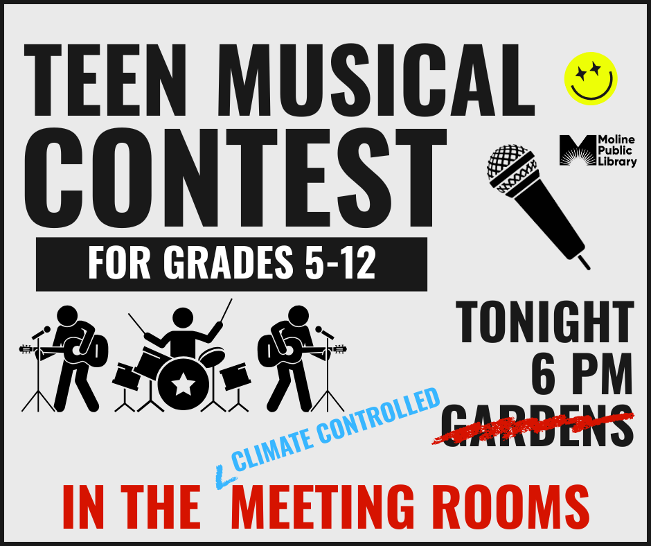 gray background with text reading teen musical contest and red text reading in the meeting rooms