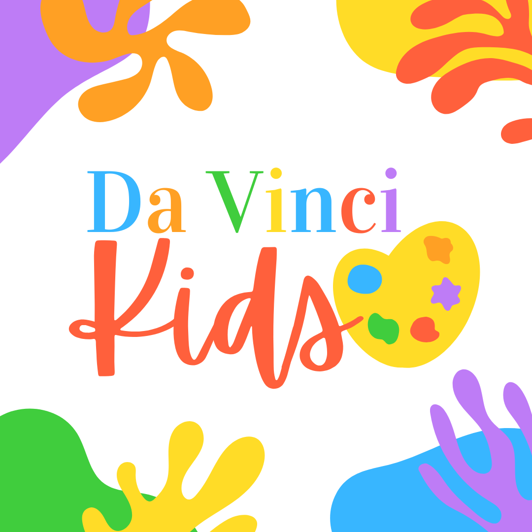 words Da Vinci Kids with a paint palette shaped like a heart