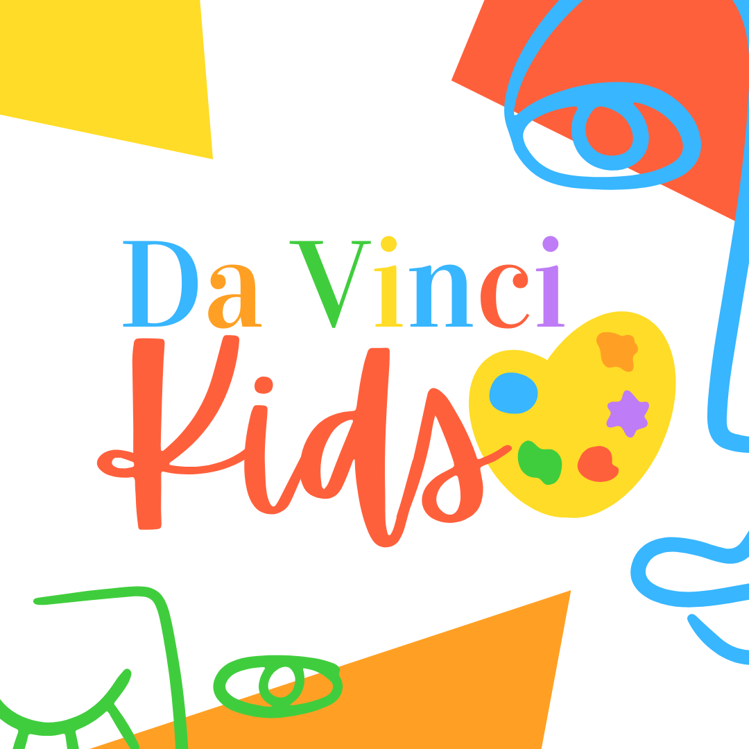 words Da Vinci Kids with a paint palette shaped like a heart