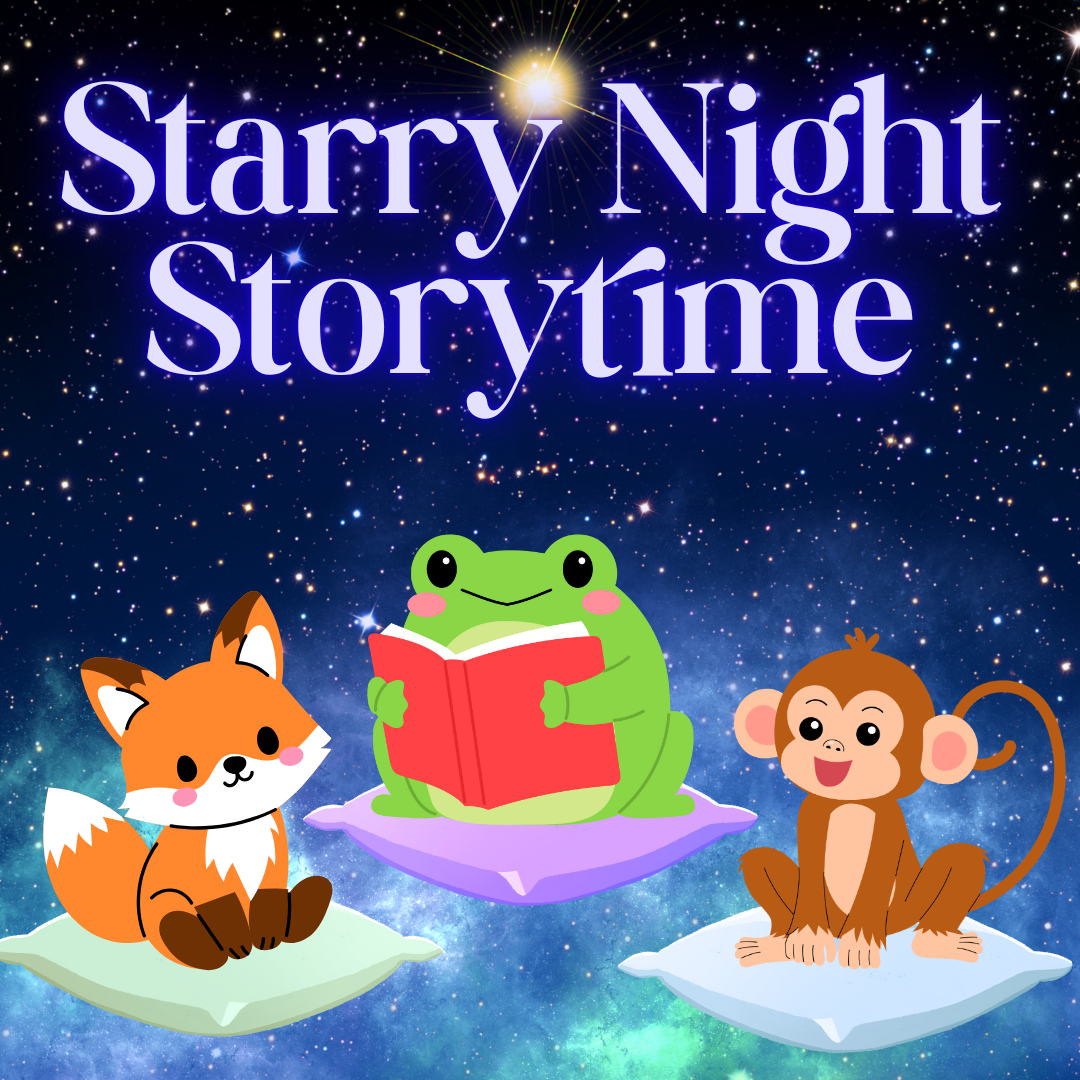 A frog reads from a book to a fox and a monkey