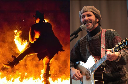 Photos of man dancing by fire and Barry Cloyd