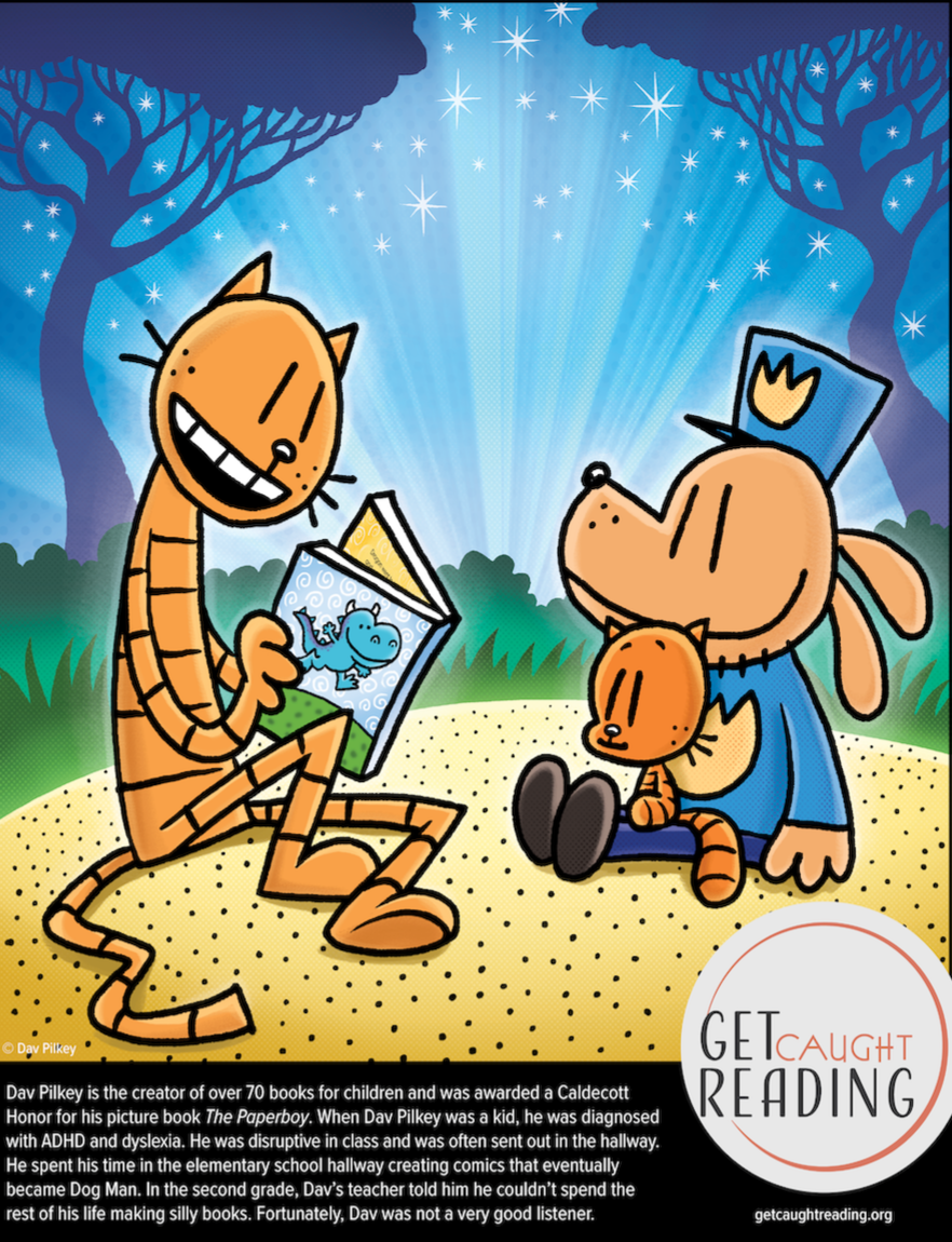 Pete the Cat reading a book to Dog Man and Lil' Petey