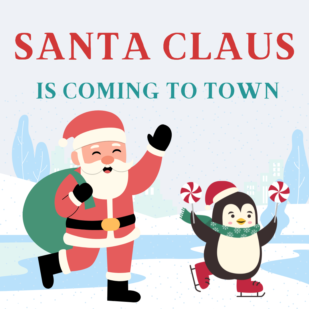 Santa Claus holding a sack and waving.  An ice-skating penguin holding peppermints in both wings.